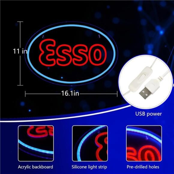Esso Oil Gasoline LED Neon Sign Gas Shop Garage Decor Bar Man Cave Wall Mechanix - Picture 2 of 7